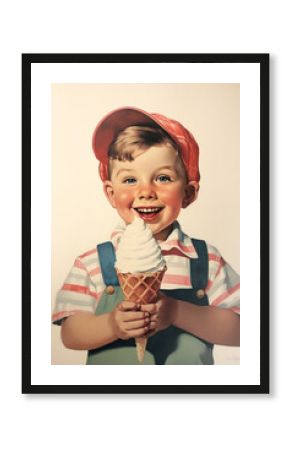 boy holding ice cream cone in summer vintage lithograph advertisement print on textured cream paper