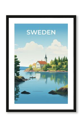 Sweden vintage travel poster. How AI sees vacation in this country.