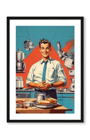 A vintage poster featuring a businessman promoting Home appliance and kitchen equipment. Perfect for retro advertising and business concepts.