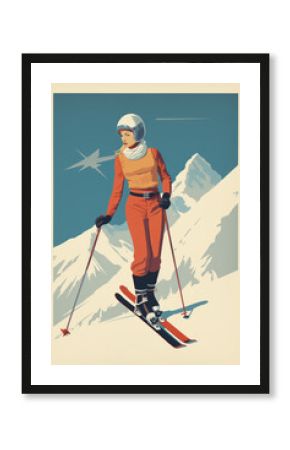 Poster illustration of a woman skiing at a ski resort in 1950's pop art style