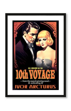 fictitious vintage movie poster for "10th Voyage" with romantic couple in vivid illustration