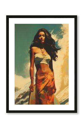 Asian surfing woman surfboard and the wave painting. Generative ai