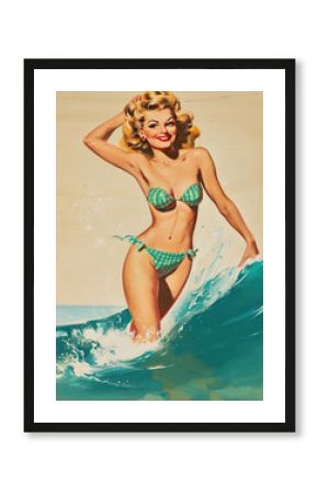 Vintage Illustrated poster of 1950's era pin-up girl smiling in a bikini in the waves on the beach