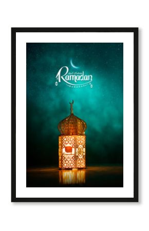 Traditional Ramadan lantern lamp isolated on green colour background, Ramadan Mubarak greeting poster design, 2024 Ramadan Kareem photography