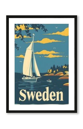 sweden vintage travel poster, graphic style, with banner text "Sweden"