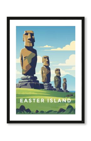 Travel vintage poster with giant statues of Easter Island, Chile. Ai generated image