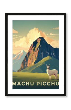 Travel vintage poster with spectacular view at Machu Picchu, Peru. Ai generated image