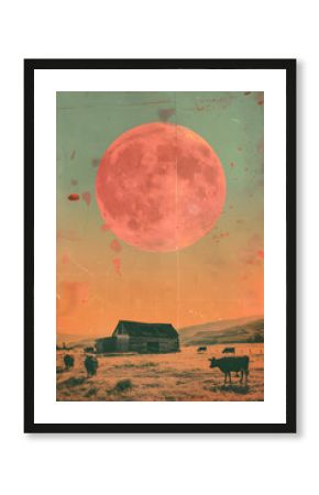 Agriculture landscape with a cow, red sun and with old barn. Retro style interior poster