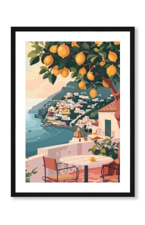 Positano travel poster, design with picturesque view and traditional buildings. Ai generated image