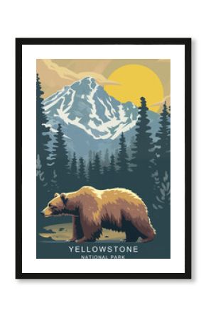 Vintage poster of Yellowstone national park with bear. Ai generated image