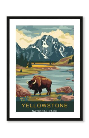 Vintage poster of Yellowstone national park with bison animal. Ai generated image
