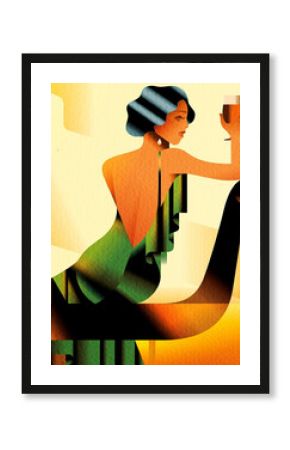 Old poster with woman and wine. 1920.