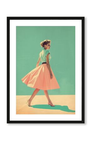 A walking woman wearing a poodle skirt against a retro background, vintage poster from the 1950s