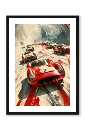 Racing poster of red sport cars in action, in a vintage style, with a red and white color scheme