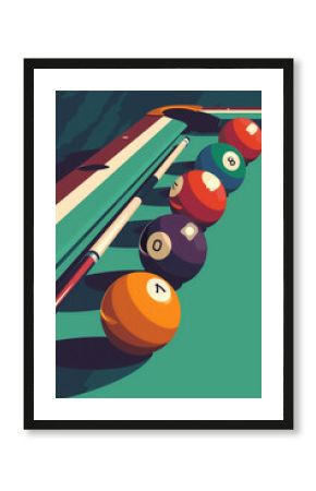 Retro sport game poster with bright colorful billiard balls and cue