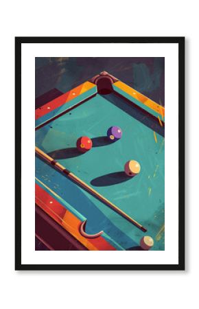 Retro sport game poster with bright colorful billiard balls and cue