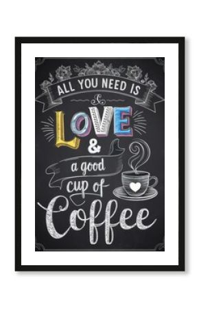 Blackboard showing all you need is love and a good cup of coffee