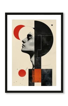 Retro figure of a man with a moon face, surrounded by minimal abstract shapes