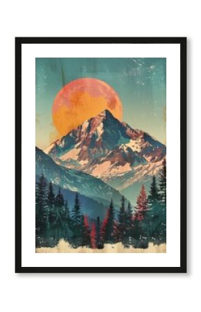 A vintage travel poster design, mountain range destination, retro typography