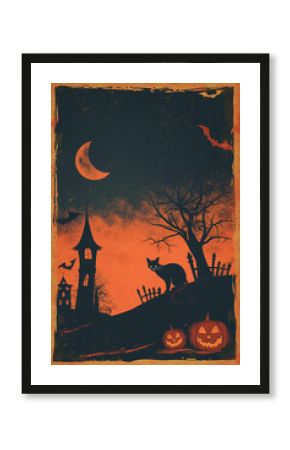 A vintage poster illustration capturing a spooky Halloween scene in muted orange and black with a haunting black cat and jack o lantern under a crescent moon 
