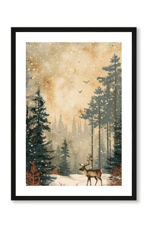 Reindeer standing in snowy landscape with pine trees. Watercolor artwork with soft background. Holiday greeting card concept for print and poster