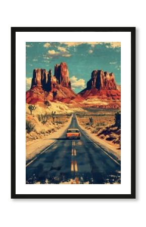 A classic travel poster for Route 66, featuring an old-fashioned car driving down a deserted highway, desert landscape, bold colors
