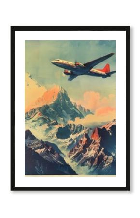 A nostalgic airline advertisement promoting exotic destinations, with an airplane flying over mountains in cool blue and deep plum