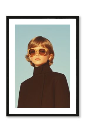 Young fashionista concept. Young mod girl wearing classic black coat and stylish sunglasses, posing over blue sky background. Retro, vintage postcard style. Outdoor shot