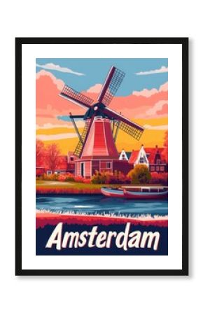Experience the essence of Amsterdam through a vibrant travel poster featuring traditional windmills set against a colorful sunset
