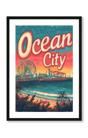 Ocean City vintage travel poster featuring a coastal amusement park and beach roller coaster. Useful for Maryland or New Jersey
