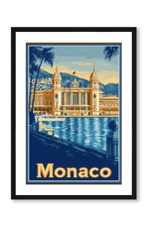 This vintage travel poster captures the stunning architecture of Monaco, highlighting the grandeur of its iconic building by the water