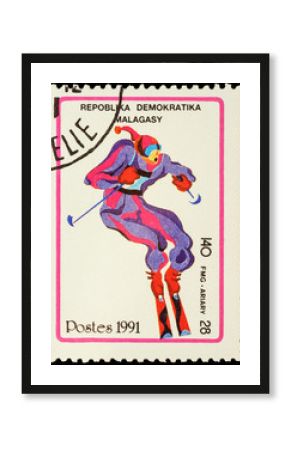 Colored picture of ski slalom on post stamp