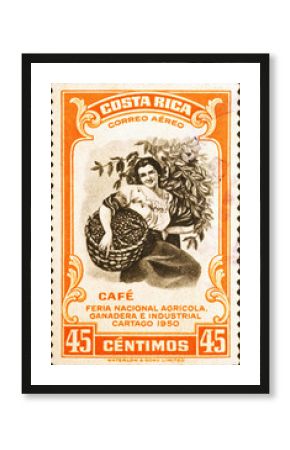 Woman picking coffee berries on vintage postage stamp of Costa Rica