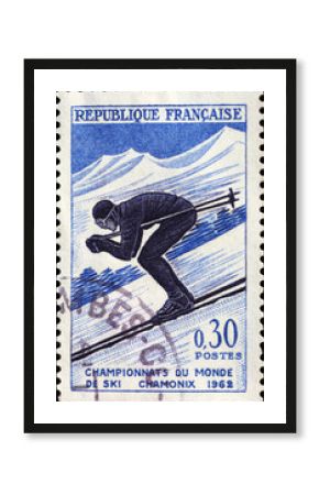 Illustration of skier on old french postage stamp