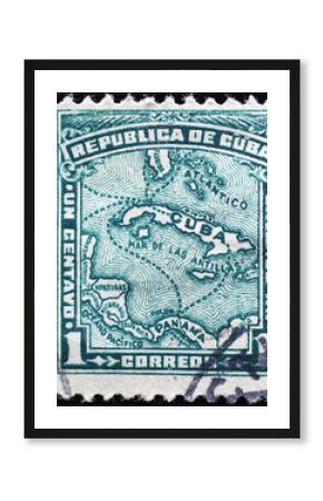 Map of Cuba on vintage postage stamp