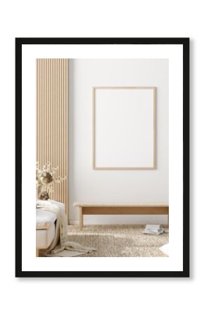 Mock up poster in warm Scandinavian style living room interior with wooden decor, 3d render