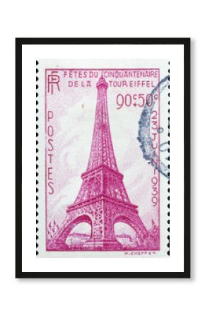 Old french stamp celebrating famous Tour Eiffel
