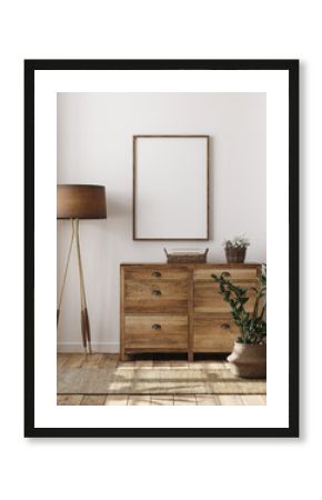 Mockup frame in farmhouse living room interior, 3d render
