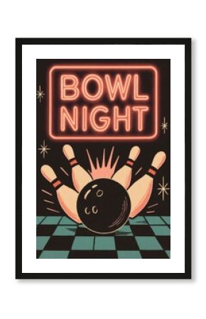 Retro Neon Bowling Night Flyer with Mid-Century Style, Illustrated Pins and Ball, Atomic Stars and Checkerboard Floor