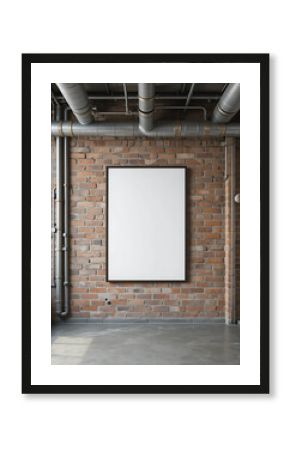 Urban loft with exposed pipes and a floating A4 poster mockup on a brick accent wall.