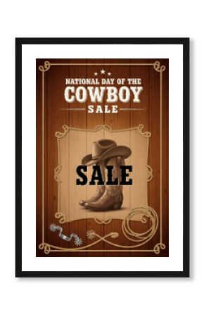 Cowboy Sale Banner Design - Western sale banner design featuring cowboy hat, boots, spurs, and rope. Symbolizing: heritage, adventure, the Wild West, rustic charm, and bargains