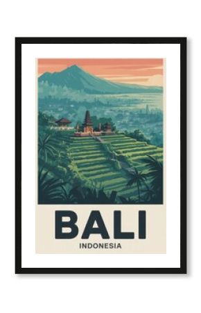 Retro Travel Poster of Bali Temple in Indonesia