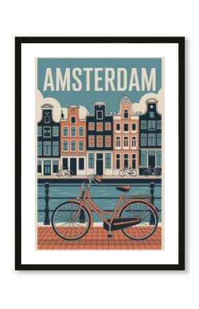 Vintage Travel Poster of Amsterdam Canal and Bicycle, Netherlands 