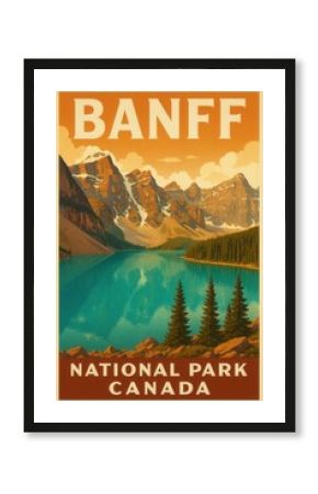 Illustrated poster of Banff National Park in Canada showing Moraine Lake, vivid orange peaks, pine trees, calm water and dramatic clouds during a mountain sunset