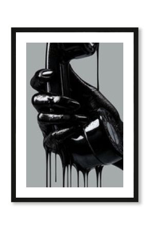Hyper-realistic movie poster: glossy black vintage phone melting in hand, dripping black liquid