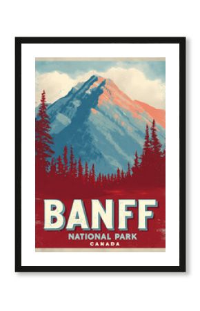 Vintage Banff National Park Travel Poster With Mountains, Retro Colors, Grainy Texture, And Classic Typography