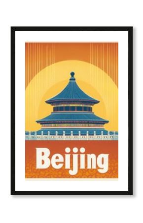 Discover the rich heritage of Beijing through this vintage travel poster featuring the iconic Temple of Heaven, celebrated for its stunning architecture and historical significance.