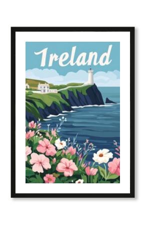 Vintage style Ireland travel poster with  rugged Irish cliffs  wildflowers and an old lighthouse,, travel vacation concept