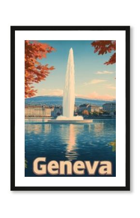 This vintage travel poster highlights Genevas stunning landscape, featuring a prominent fountain amidst serene waters and lovely autumn foliage, inviting visitors to experience its charm.