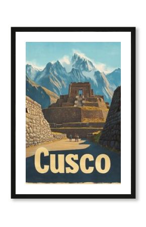 This vintage travel poster showcases the majestic ruins of Cusco, where travelers can marvel at ancient structures set against breathtaking mountains.
